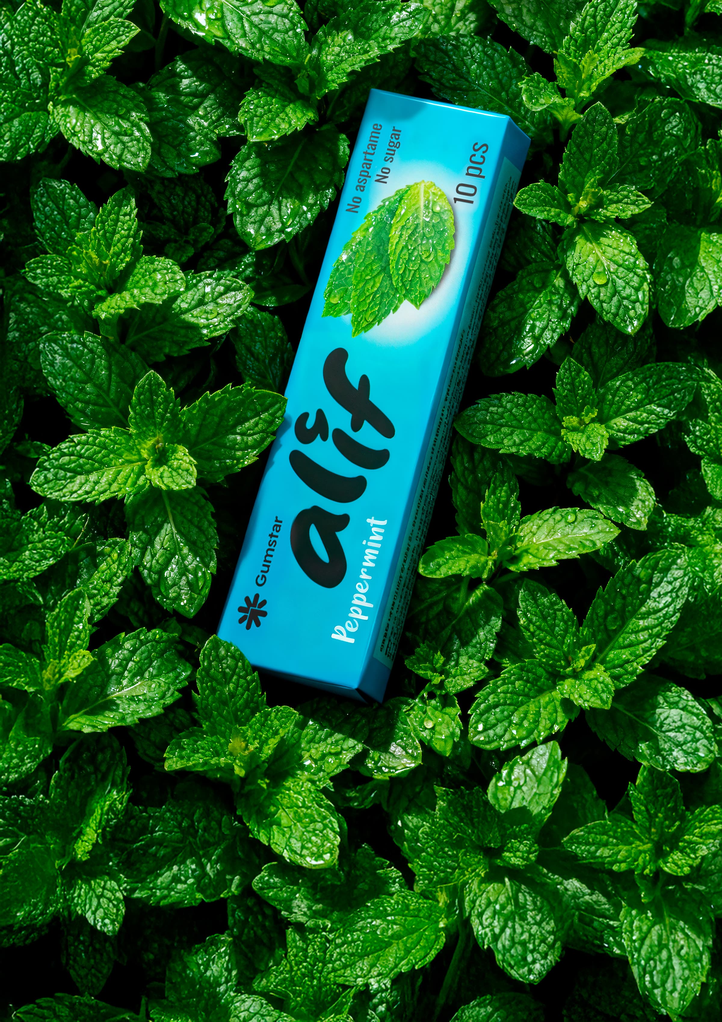 Alif peppermint gum on mint leaves
