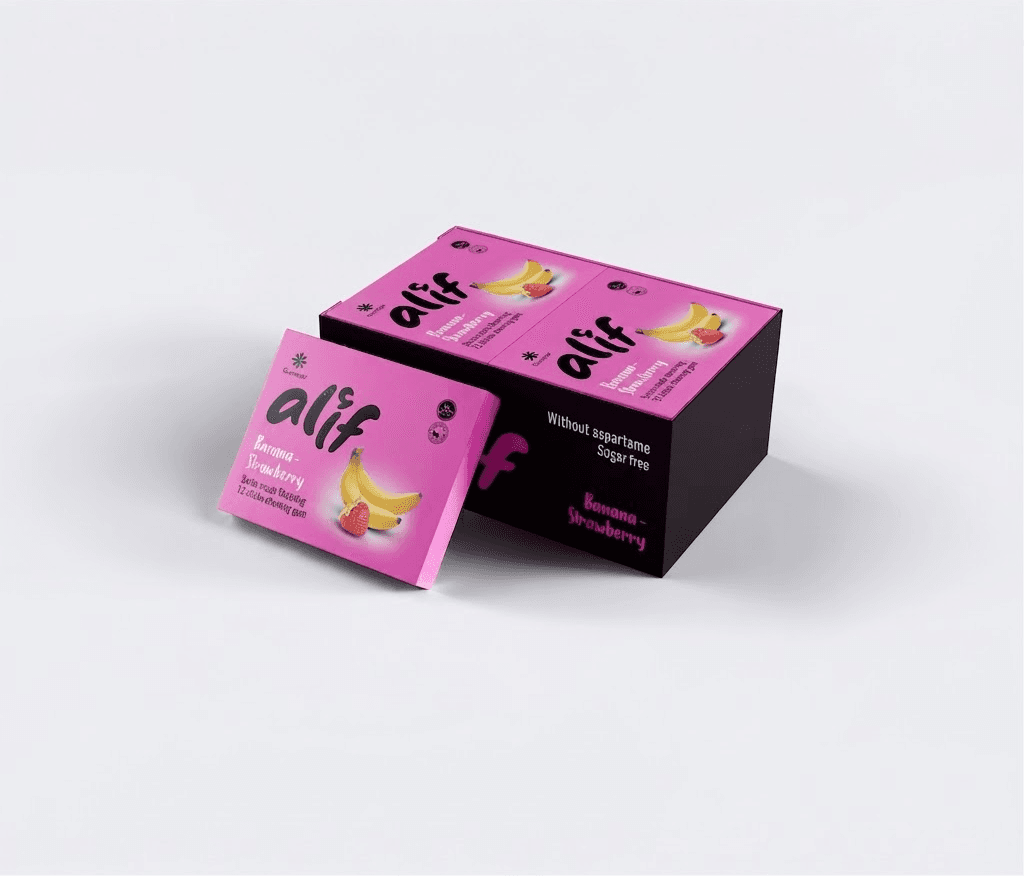 Alif banana and strawberry chewing gum box